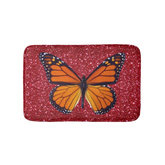 Orange Butterfly On Red Glitter Bath Mat (Front)