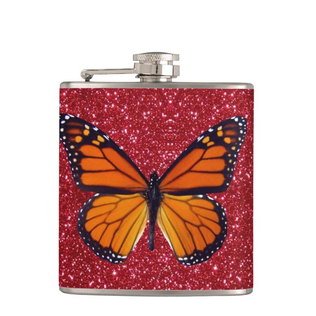 Orange Butterfly On Red Glitter Flask (Front)