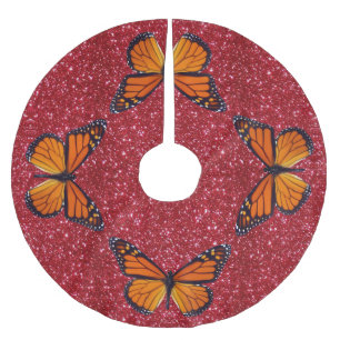Orange Butterfly On Red Glitter Tree Skirt