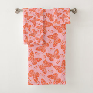Orange butterfly pattern on pink background bath towel set