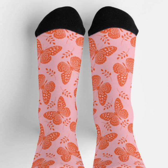 Orange butterfly pattern on pink background socks (Top)