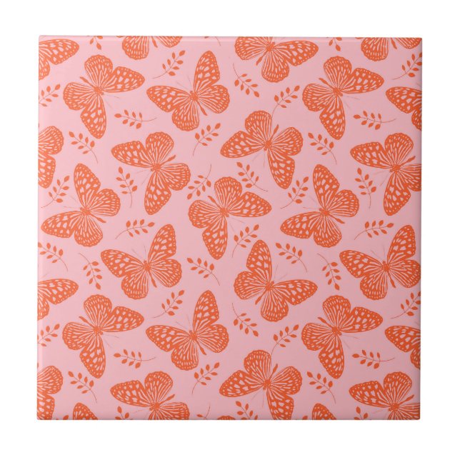 Orange butterfly pattern on pink background tile (Front)