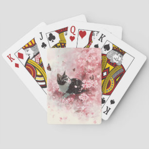 Orange Butterfly & Pink Sakura Petals with Cat Playing Cards