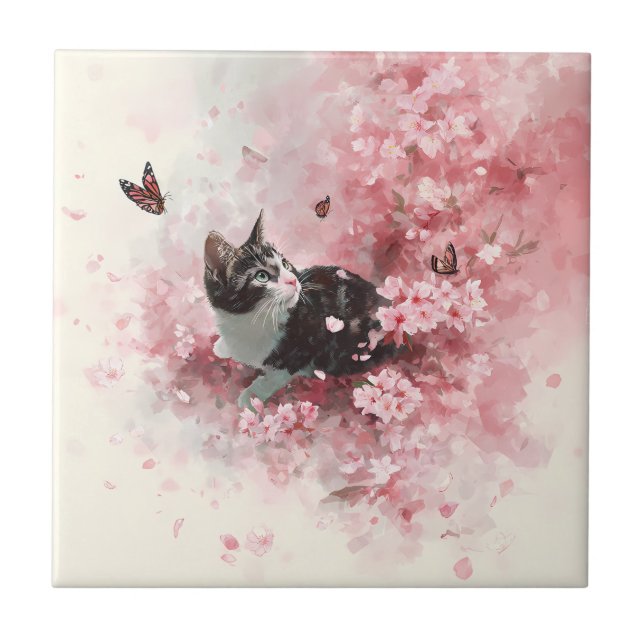 Orange Butterfly & Pink Sakura Petals with Cat Tile (Front)