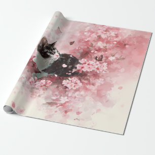 Orange Butterfly & Pink Sakura Petals with Cat Wrapping Paper