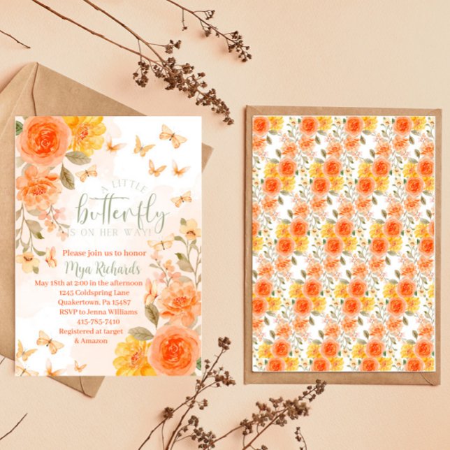 Orange butterfly watercolor baby shower invitation (Creator Uploaded)
