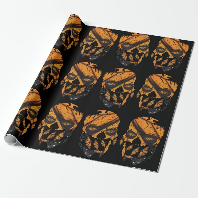 Orange Butterfly Wings Skulls Black Wrapping Paper (Unrolled)