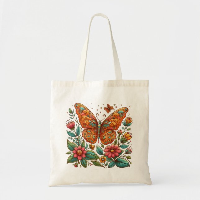 Orange butterfly with flowers tote bag (Front)