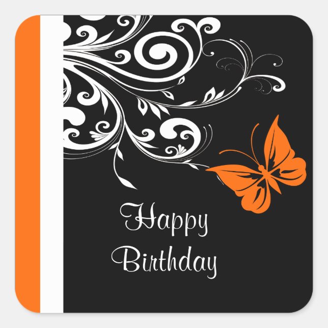 Orange Butterly Swirls Happy Birthday Square Sticker (Front)