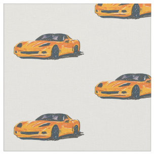 Orange C6 Corvette Hand Drawn Sketch Fabric