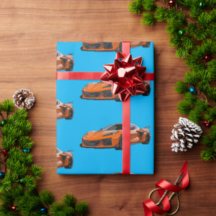 Orange C8 Corvette Sports Car Hand Drawn Wrapping Paper