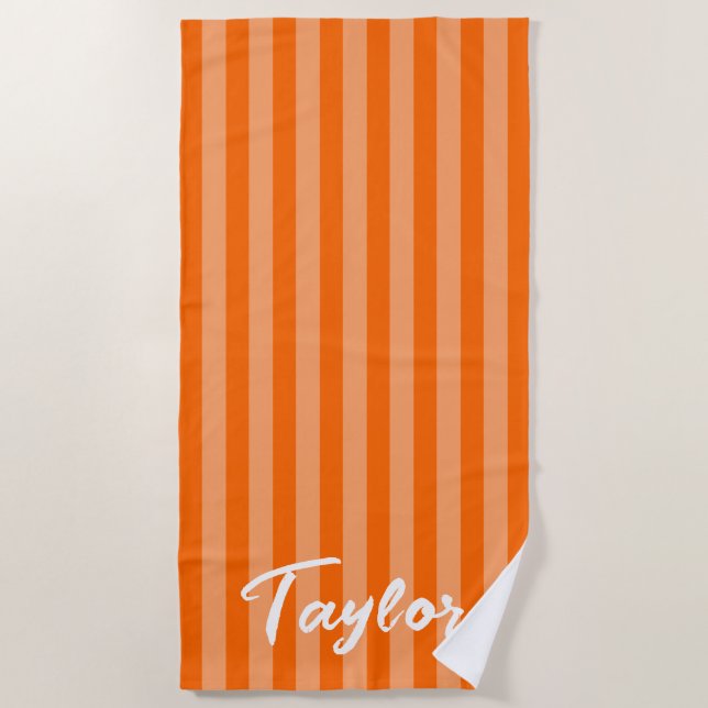 Orange Cabana Stripe Bold Name Beach Towel (Front)