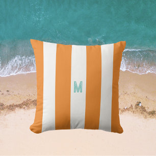 Orange Cabana Stripe & Personalised Teal Monogram Cushion