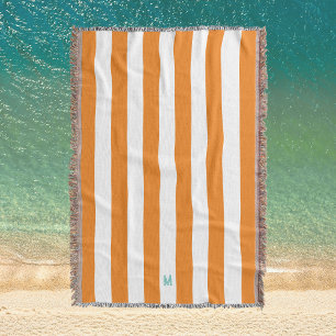 Orange Cabana Stripe & Personalised Teal Monogram Throw Blanket