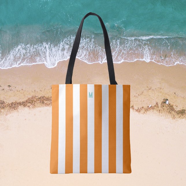 Orange Cabana Stripe & Personalised Teal Monogram Tote Bag (Creator Uploaded)