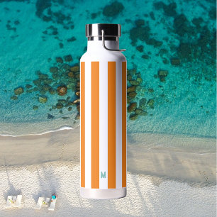 Orange Cabana Stripe & Personalised Teal Monogram Water Bottle