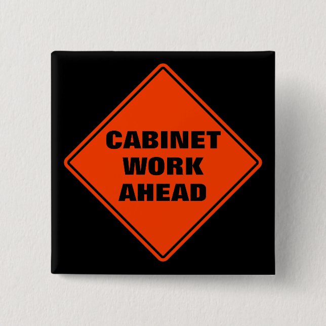 Orange cabinet work ahead classic road sign 15 cm square badge (Front)