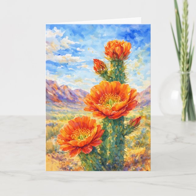 Orange Cactus Blossom Watercolor Greeting Card (Front)
