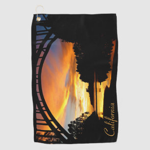 Orange California Coastal Sunset Under Bridge Golf Towel