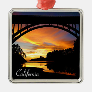 Orange California Coastal Sunset Under Bridge Metal Tree Decoration