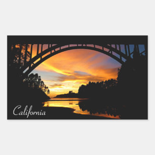 Orange California Coastal Sunset Under Bridge Rectangular Sticker