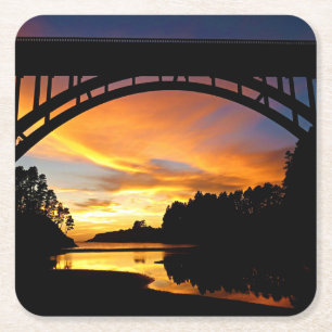 Orange California Coastal Sunset Under Bridge Square Paper Coaster