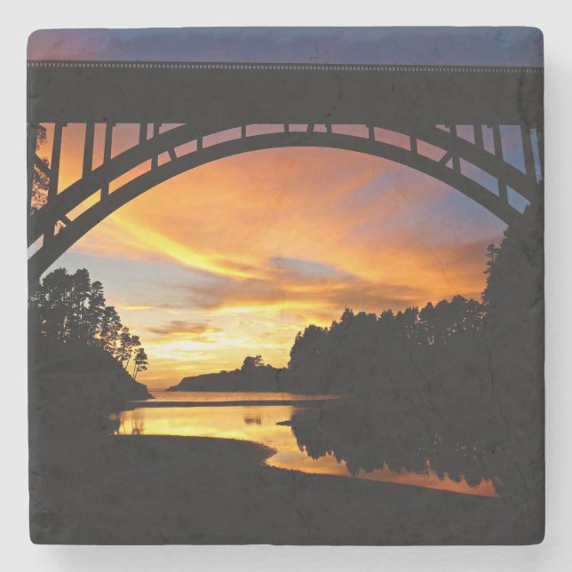 Orange California Coastal Sunset Under Bridge Stone Coaster (Front)