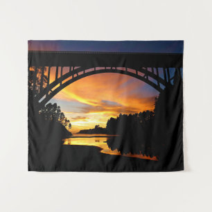 Orange California Coastal Sunset Under Bridge Tapestry