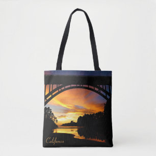 Orange California Coastal Sunset Under Bridge Tote Bag