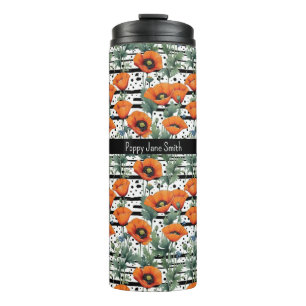 Orange California Poppies Black and White Stripes Thermal Tumbler