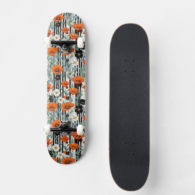Orange California Poppies Black Strips Floral Skateboard (Front)