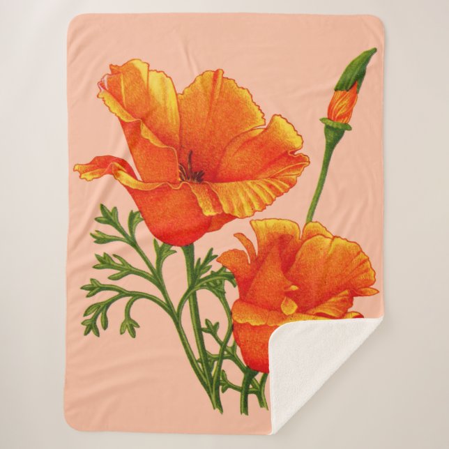orange California poppy print Sherpa Blanket (Front)