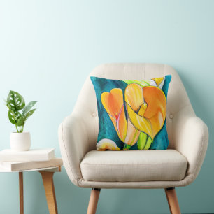 Orange Calla lily flower watercolor art Cushion