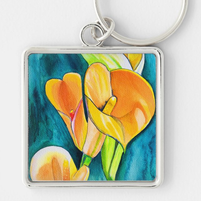 Orange Calla lily flower watercolor art Key Ring (Front)