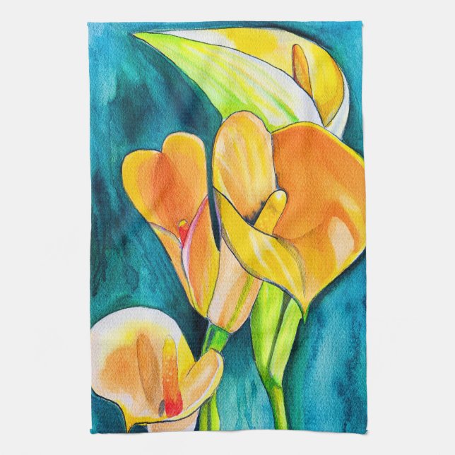 Orange Calla lily flower watercolor art Tea Towel (Vertical)