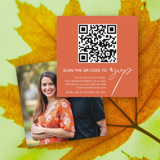 Orange calligraphy QR code RSVP photo wedding Enclosure Card (Creator Uploaded)