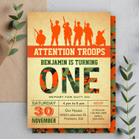 Orange Camo Camouflage First Birthday Invitation