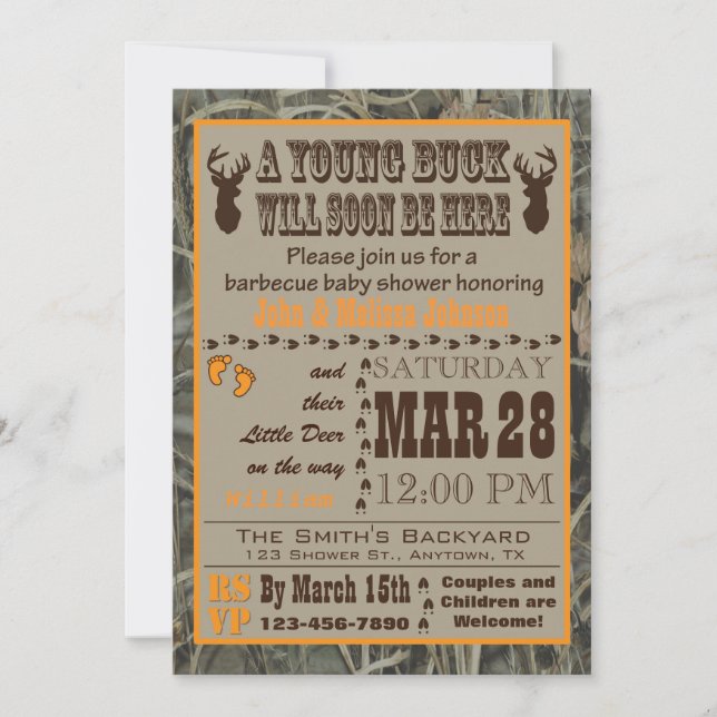 Orange Camo Hunting Baby Shower Invitations (Front)