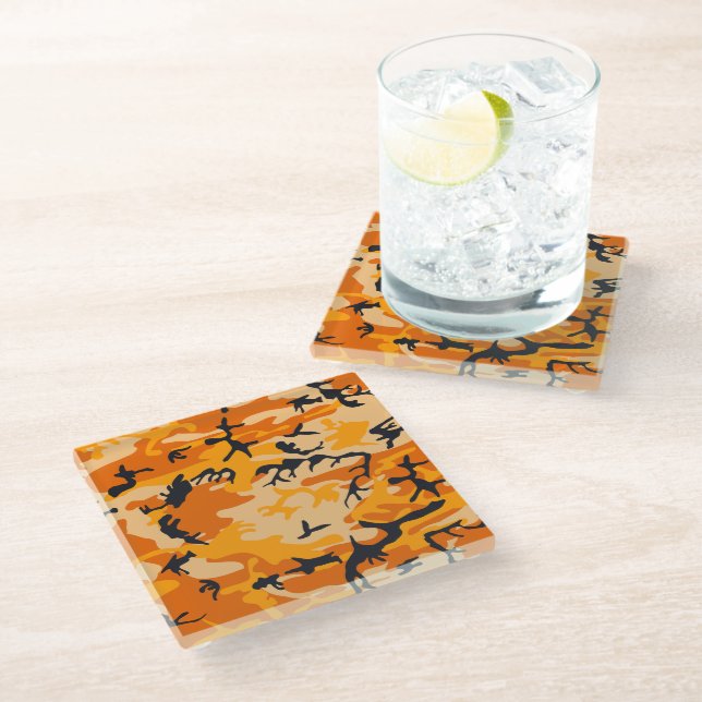 Orange Camouflage, Military, Army Glass Coaster (Angled)