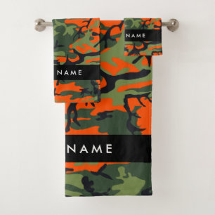 Orange Camouflage Pattern, Your name, Personalise Bath Towel Set
