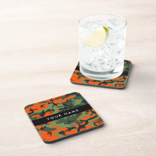 Orange Camouflage Pattern, Your name, Personalise Coaster