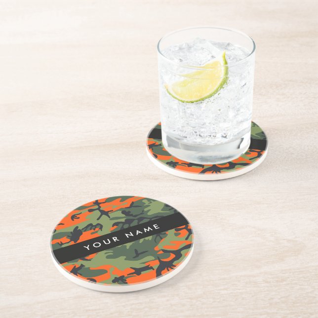 Orange Camouflage Pattern, Your name, Personalise Coaster (Side)