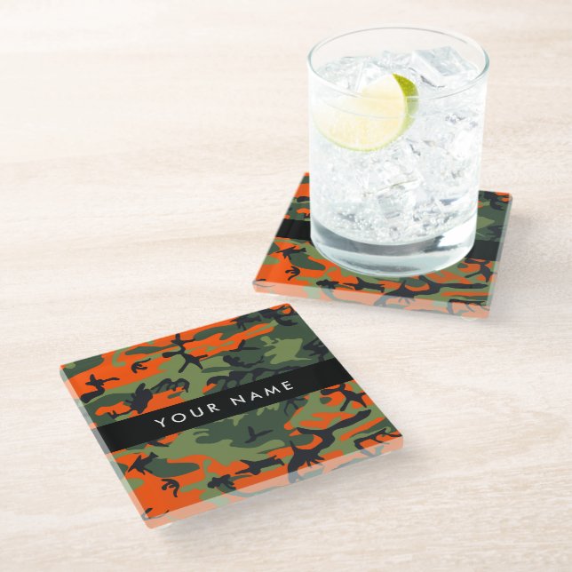 Orange Camouflage Pattern, Your name, Personalise Glass Coaster (Angled)