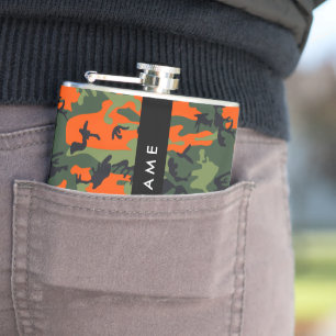 Orange Camouflage Pattern, Your name, Personalise Hip Flask