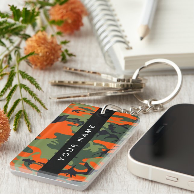 Orange Camouflage Pattern, Your name, Personalise Key Ring (Front Right)