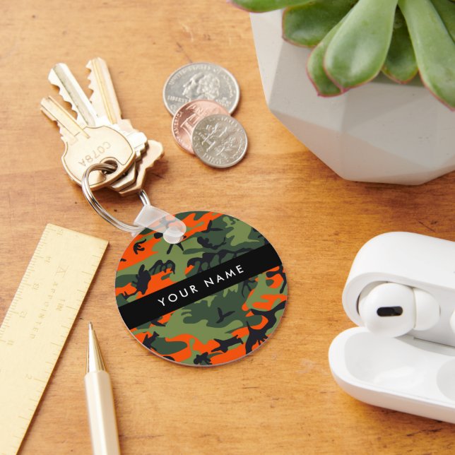Orange Camouflage Pattern, Your name, Personalise Key Ring (Desk)