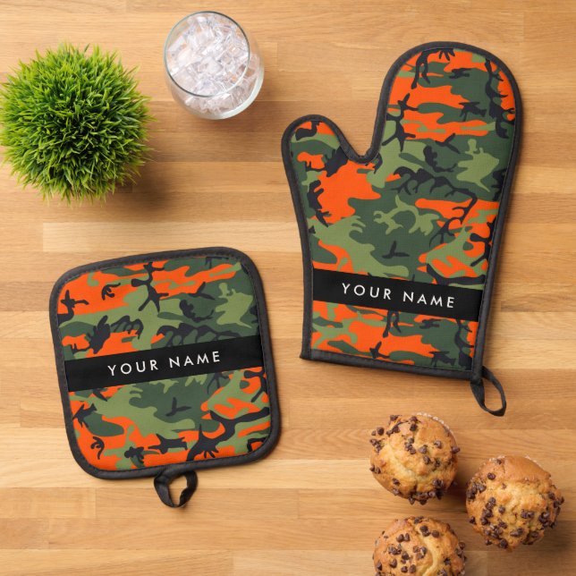 Orange Camouflage Pattern, Your name, Personalise Oven Mitt & Pot Holder Set (Top Down)
