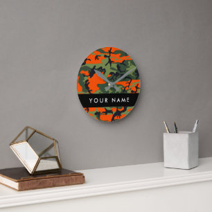 Orange Camouflage Pattern, Your name, Personalise Round Clock