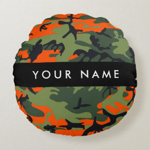 Orange Camouflage Pattern, Your name, Personalise Round Cushion