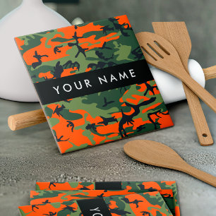 Orange Camouflage Pattern, Your name, Personalise Tile